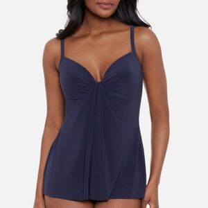 Miraclesuit Marina Tankini Navy Blue Draped Front Swimsuit Top Womens Size 16